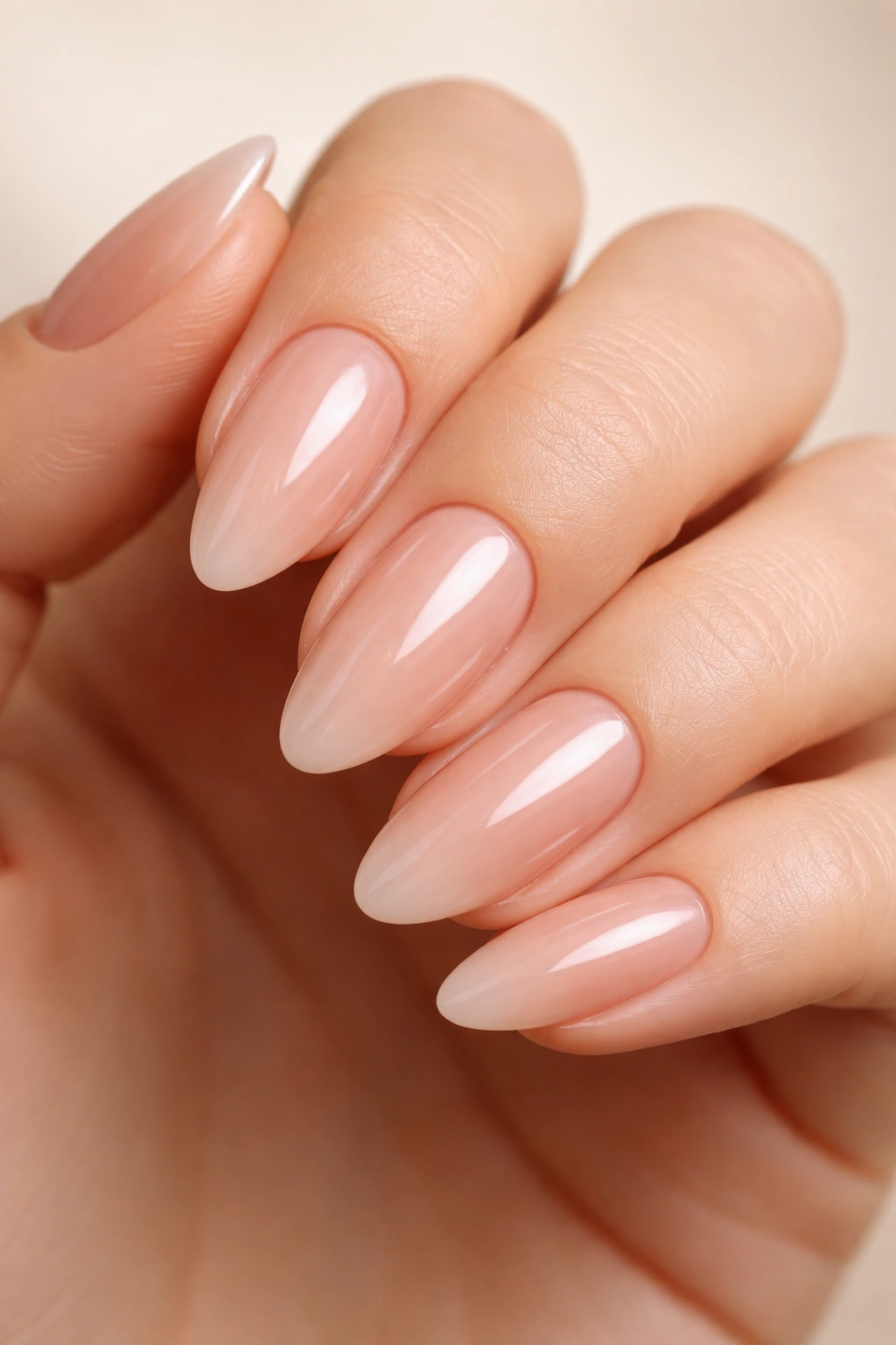 Sheer pink-beige almond nails with high gloss; close-up