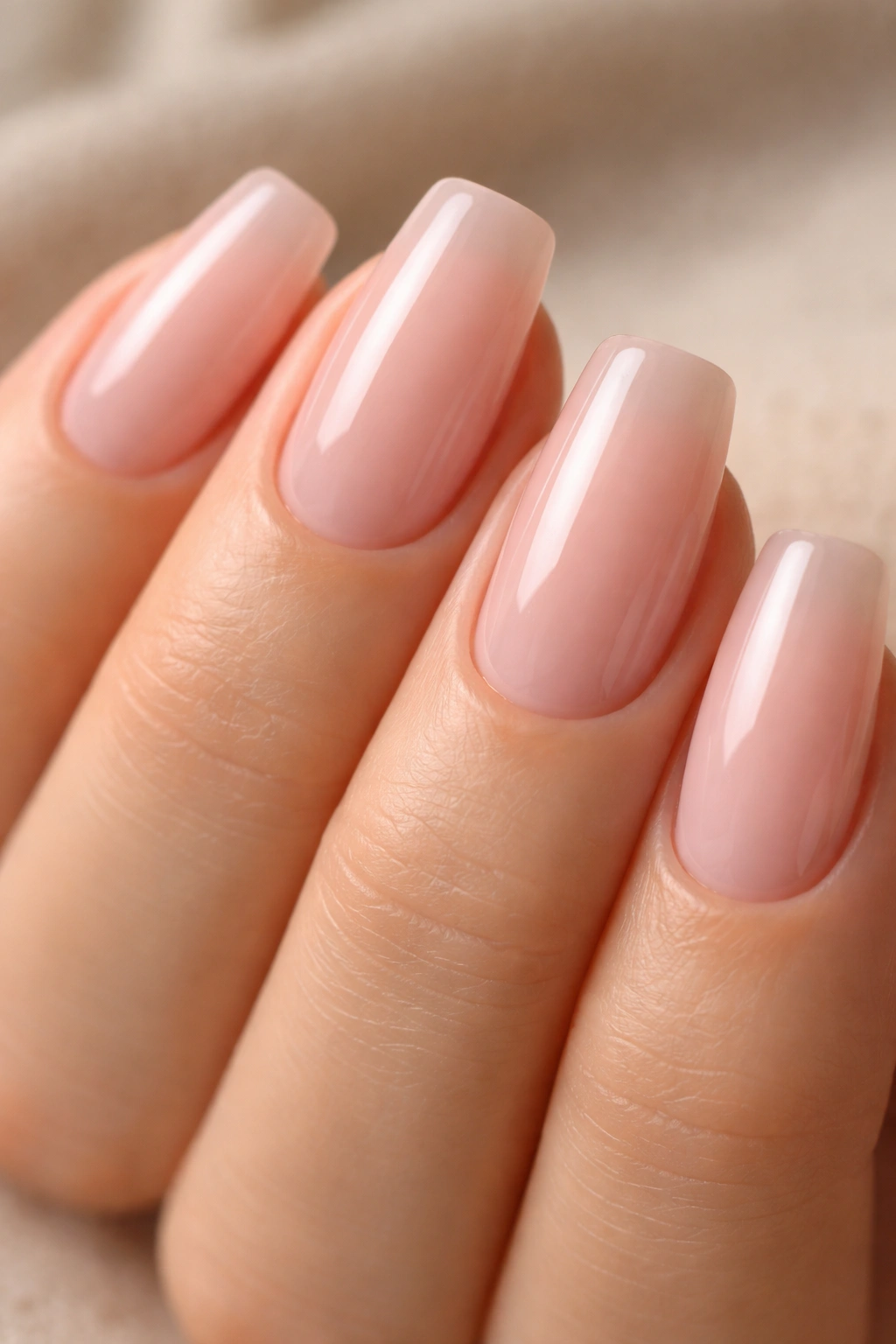 Close-up of sheer pink builder gel coffin nails on short length with translucent finish.