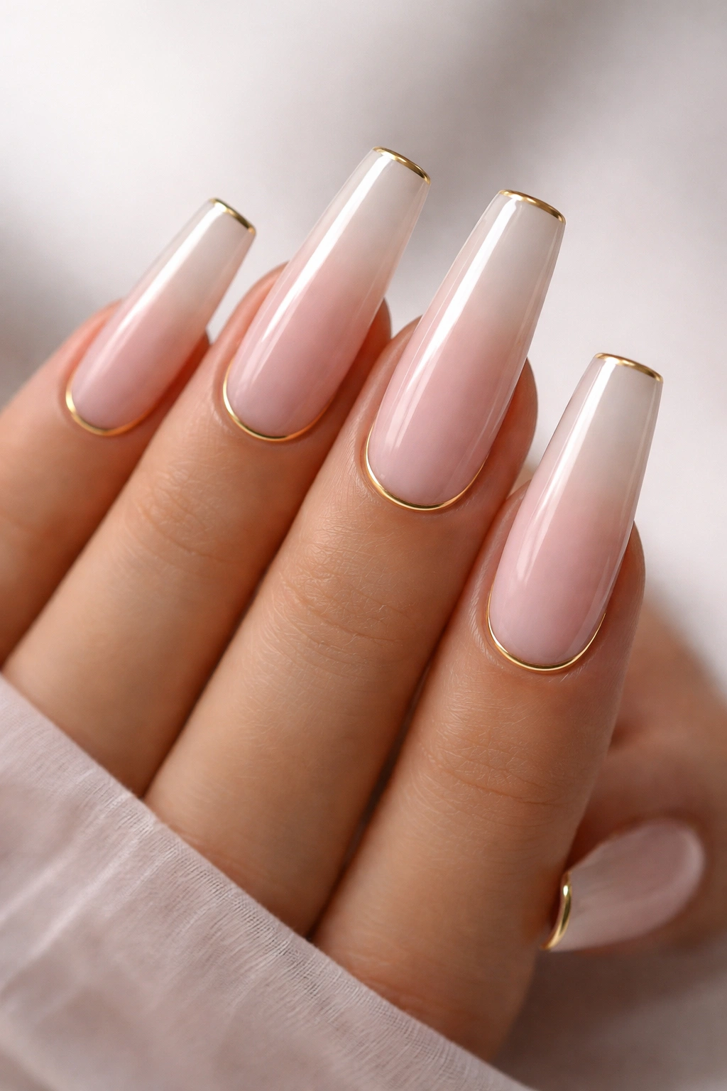 Sheer baby pink coffin nails with a thin gold cuticle outline