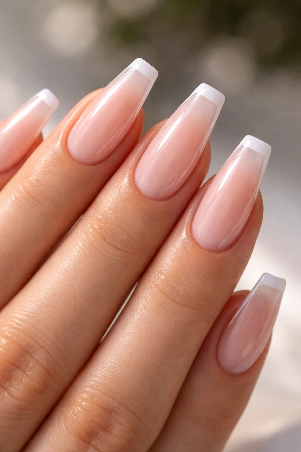 Sheer pink coffin nails with micro French tips