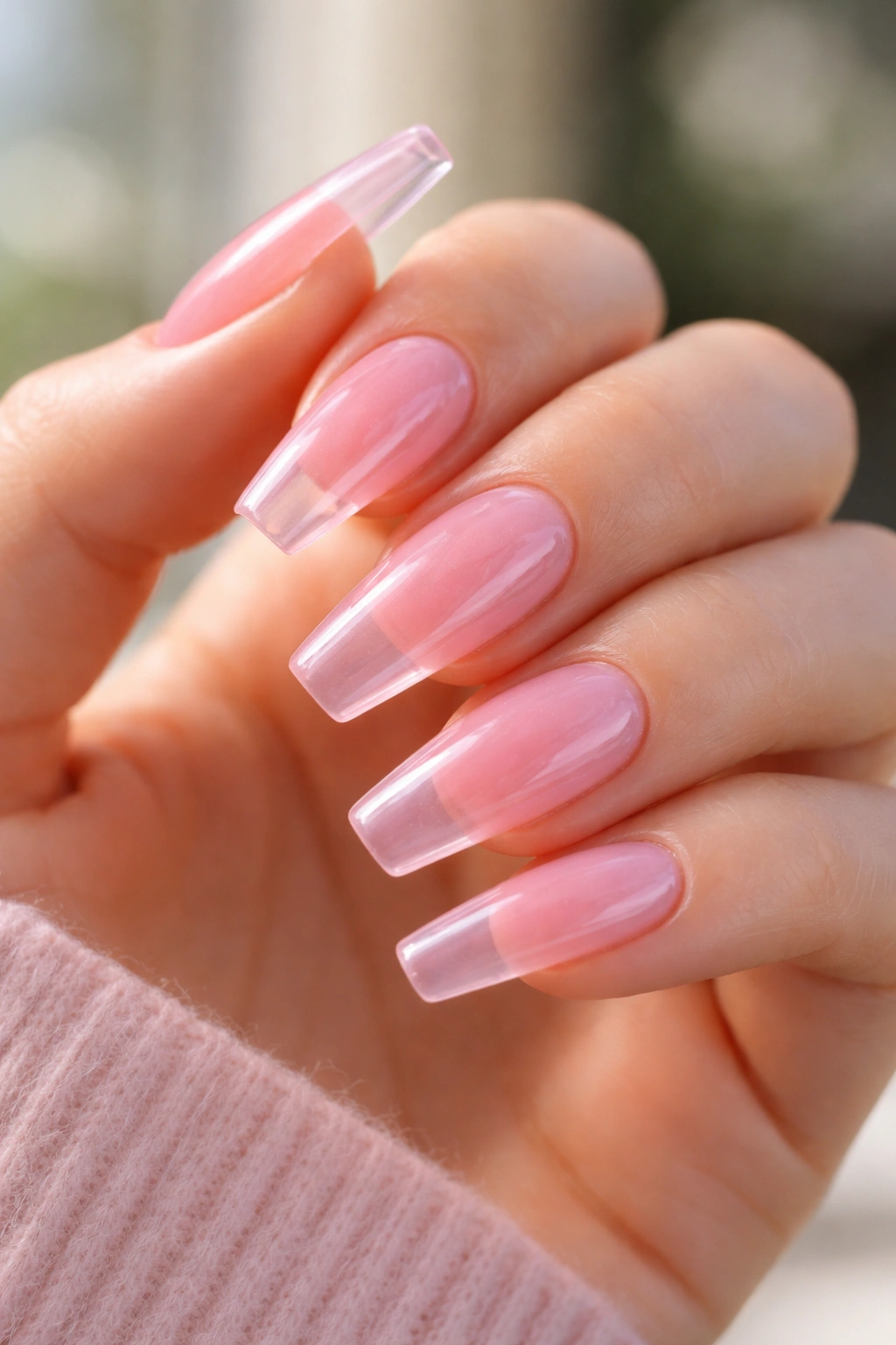 Close-up of sheer pink jelly coffin nails with translucent glossy finish.