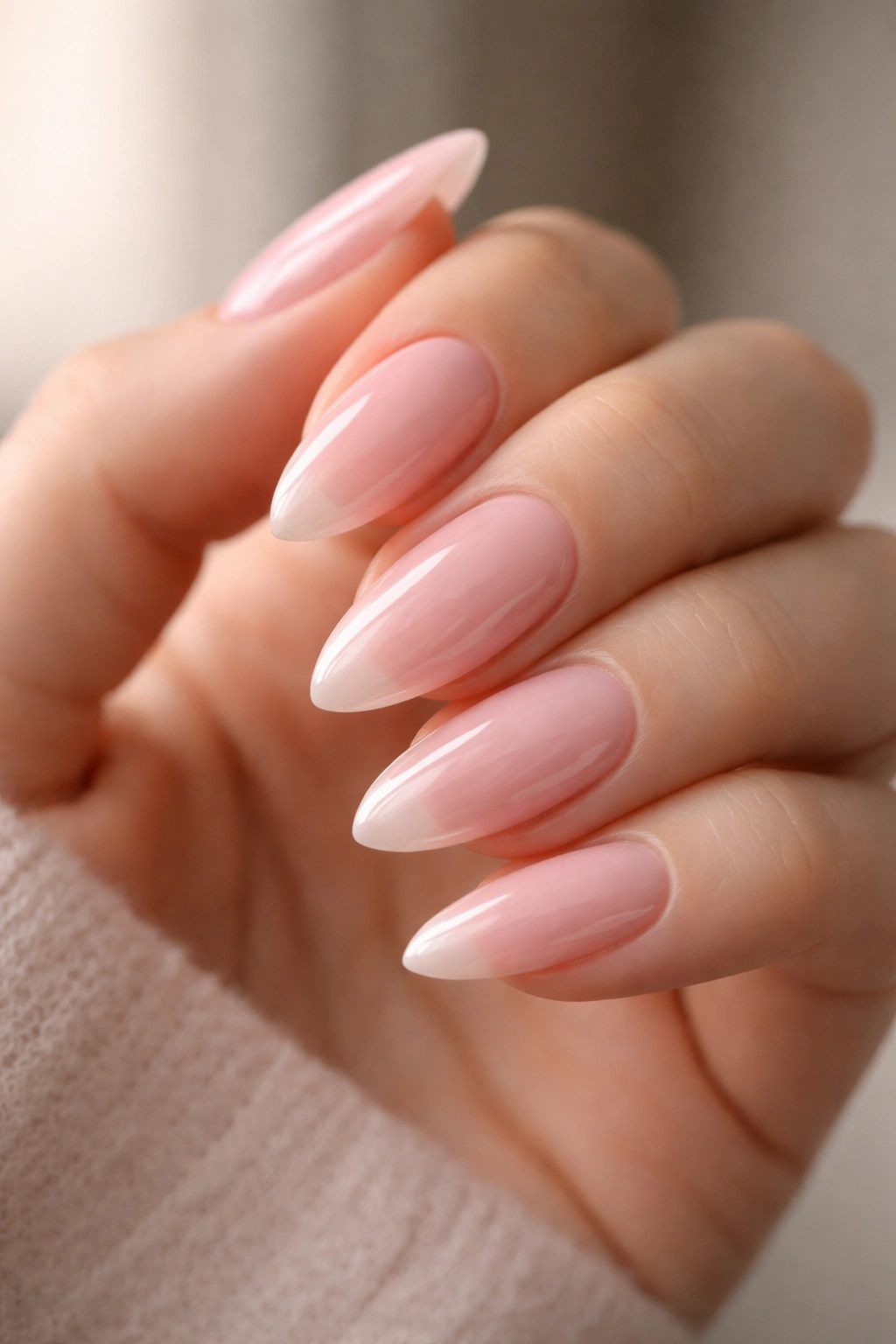 Close-up of almond nails with sheer glossy baby pink polish on a hand