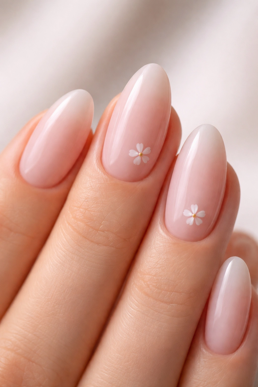 Close-up of almond nails with sheer pink base and micro white petal details on two nails
