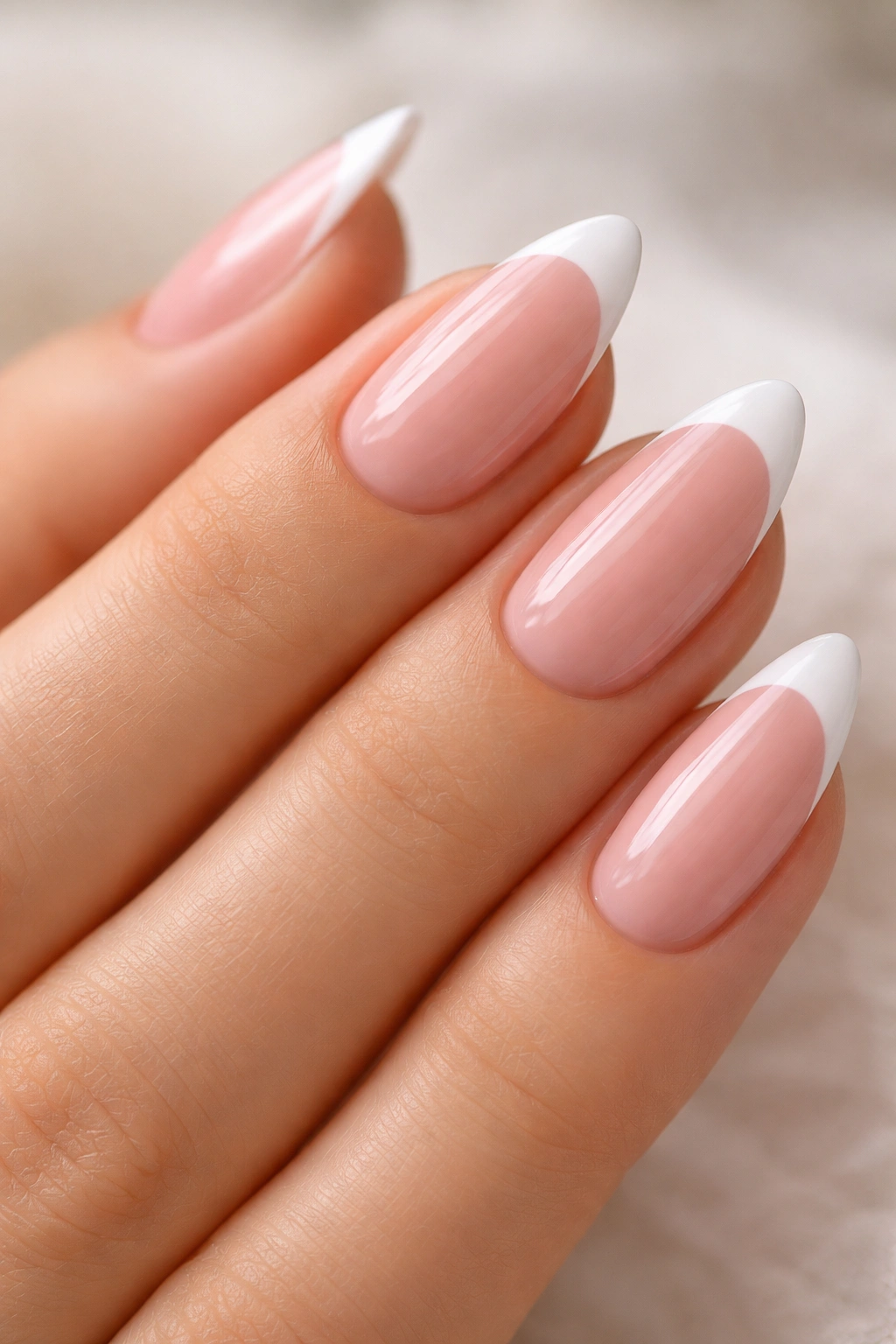 Close-up of almond nails with sheer pink base and 1-2 mm white tips on a neutral background