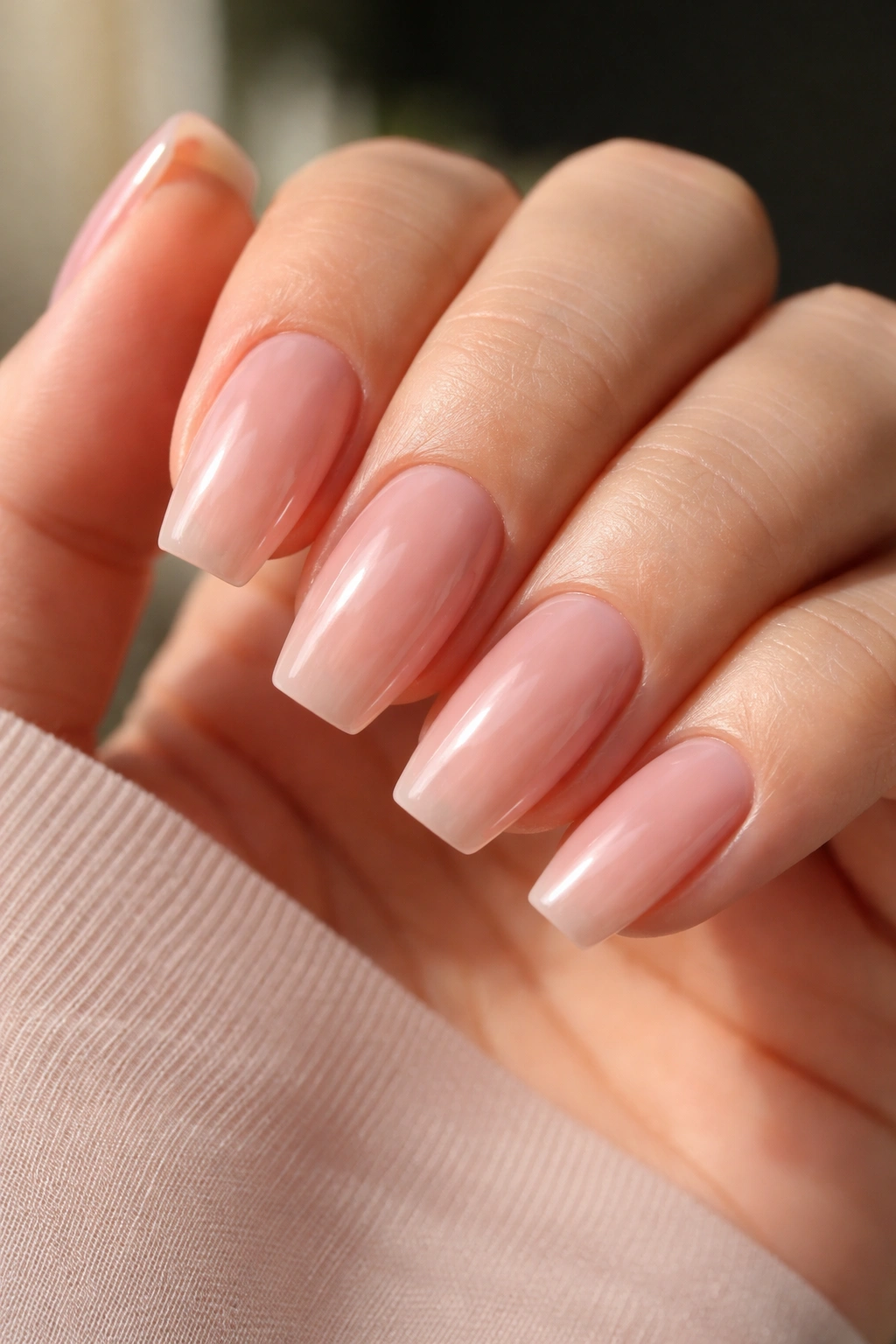 Coffin nails with sheer pink nude showing natural nail bed through