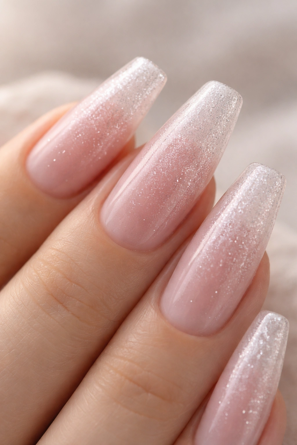 Macro shot of sheer pink base with fine silver dust on ballerina nails