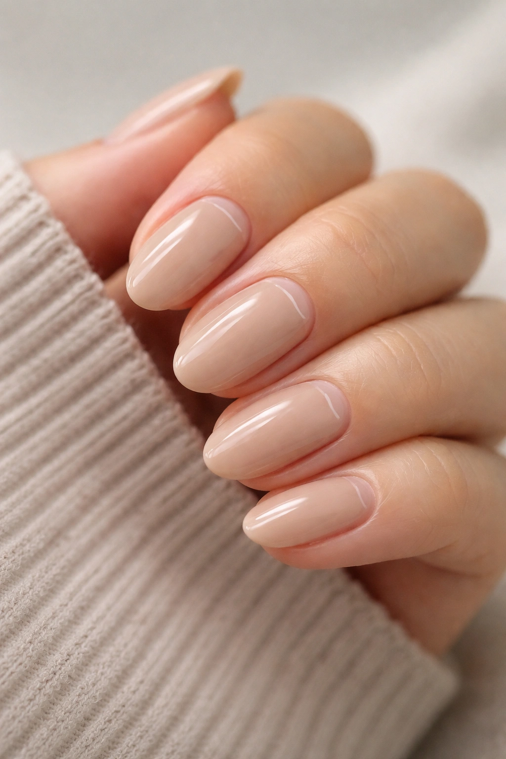 Short almond beige nails with a bare cuticle line