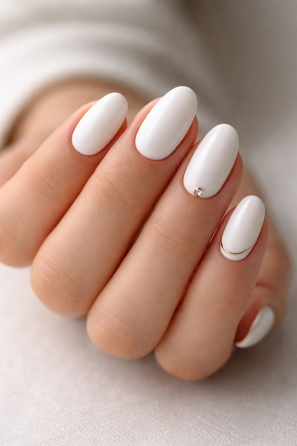 Close-up of short white almond nails with minimal gold line accent
