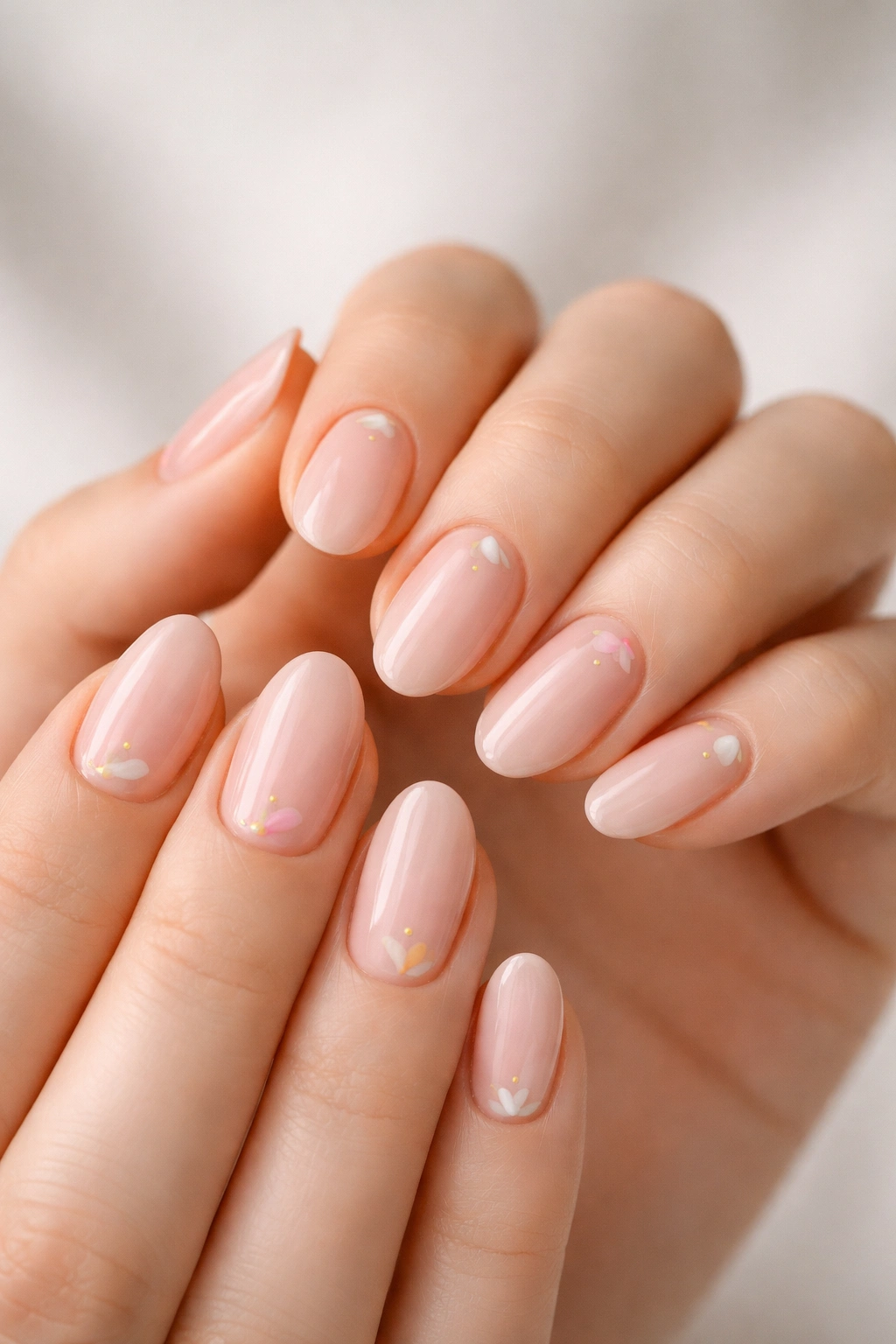 Close-up of short almond nails with single petal accents on each nail against a neutral background