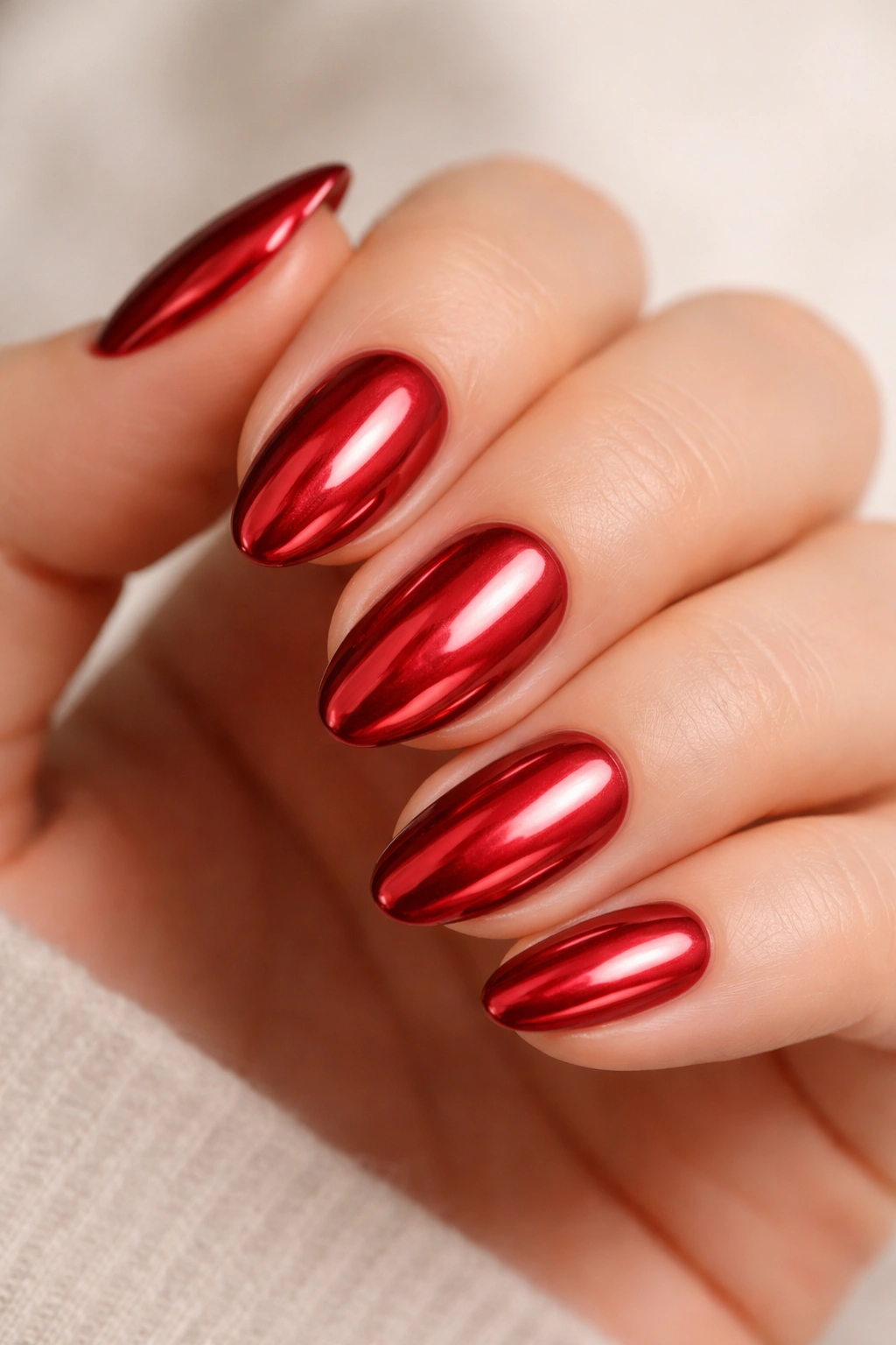 Close-up of a short almond nail with red chrome finish