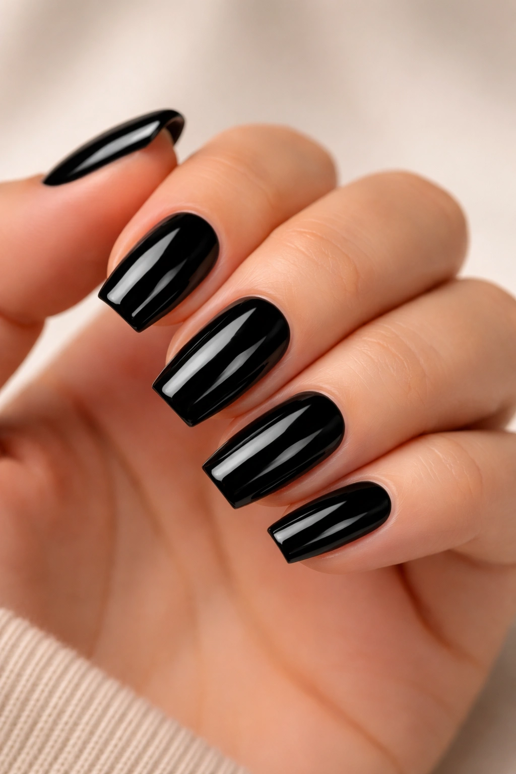 Close-up of short black coffin nails with a glossy black finish on fingertips