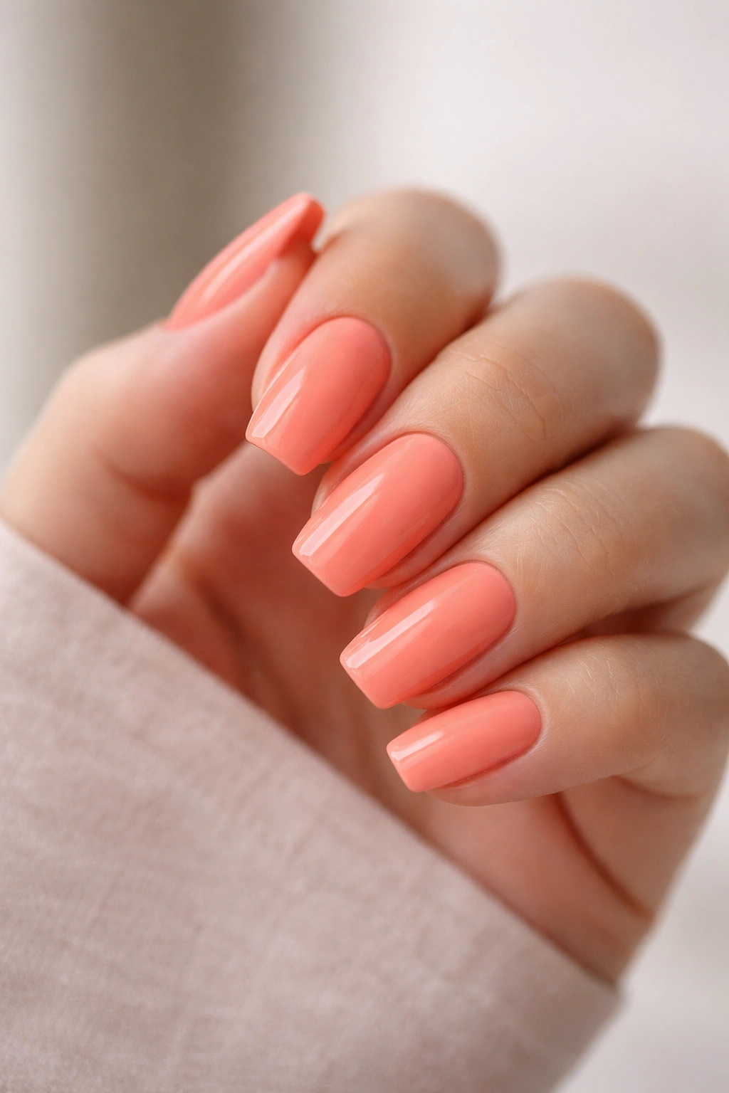 Short coffin nails painted cream coral with a glossy finish