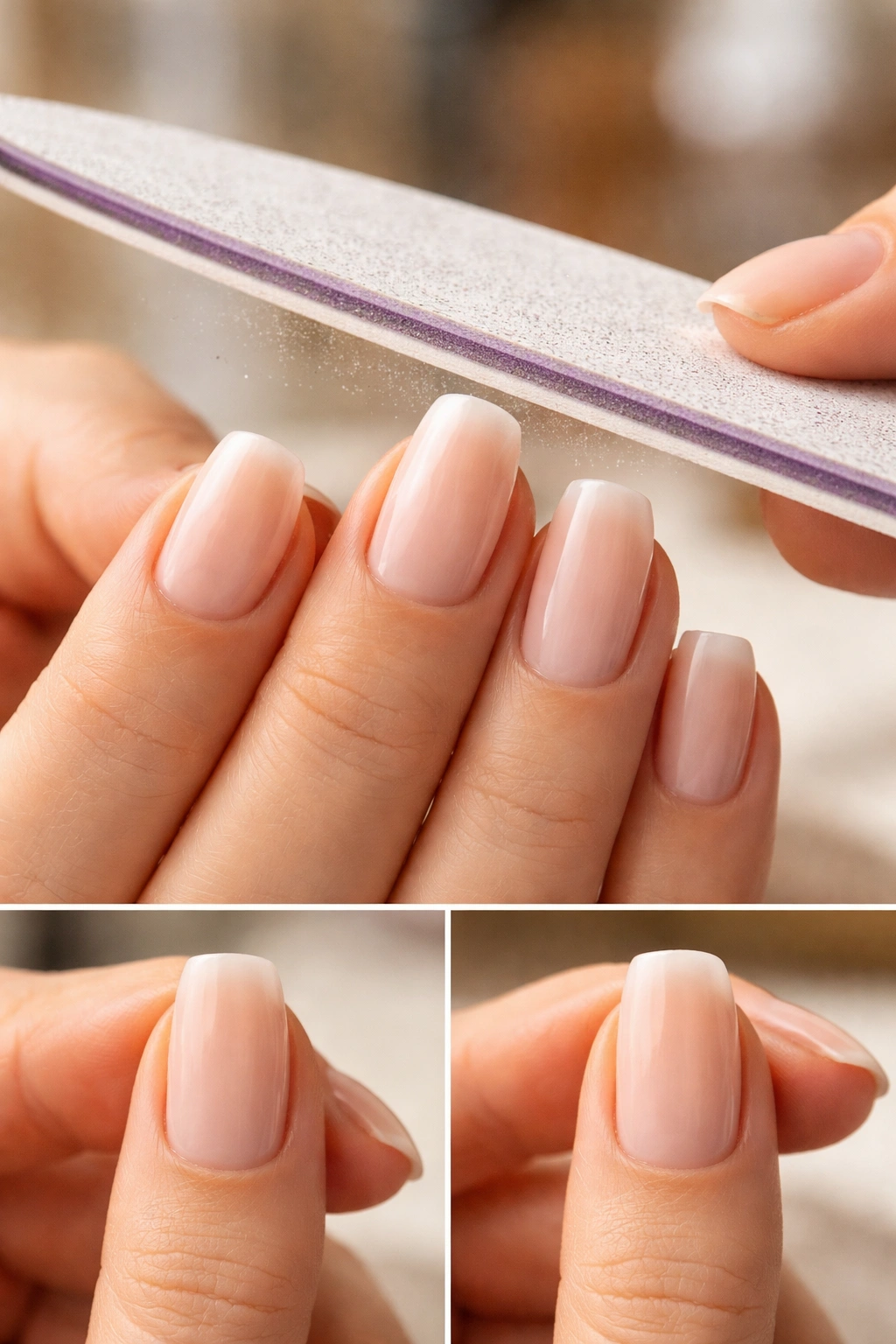 Close-up of nails being filed to a short coffin shape with a nail file