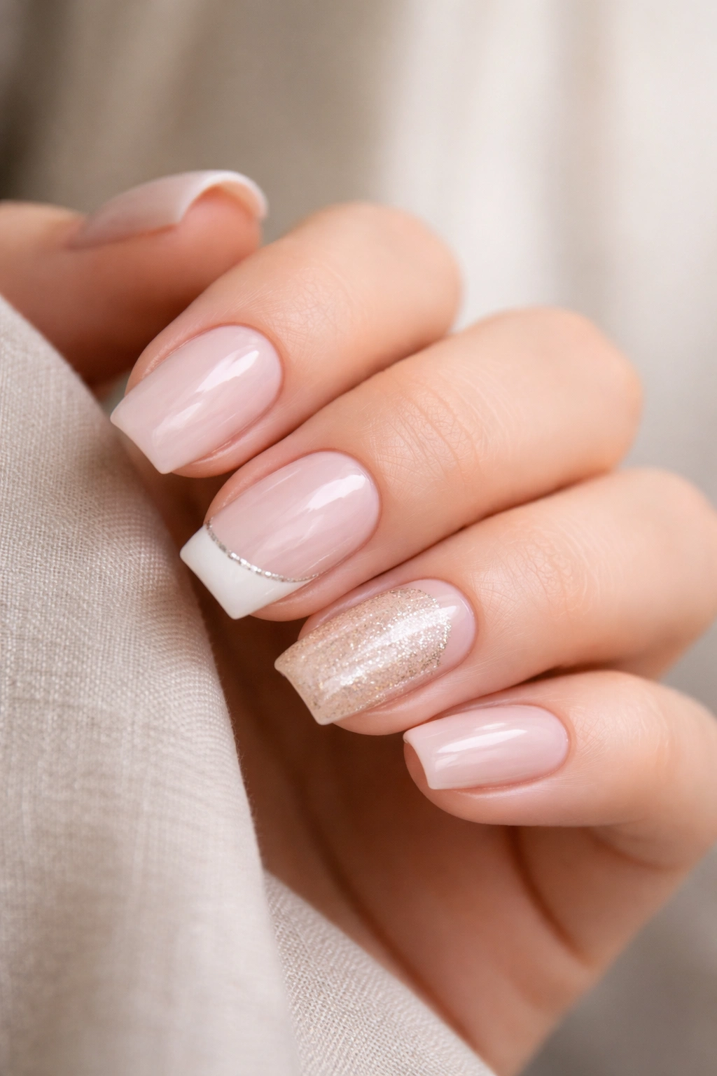 Close-up of short coffin nails with a soft, flat tip on a natural hand