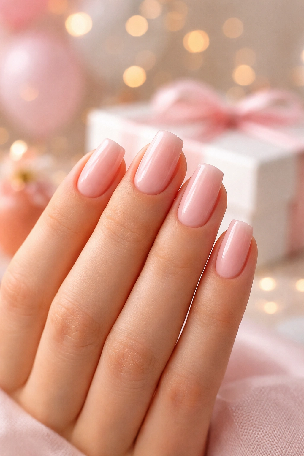 Close-up of hands showing short coffin nails with neat taper and pink base
