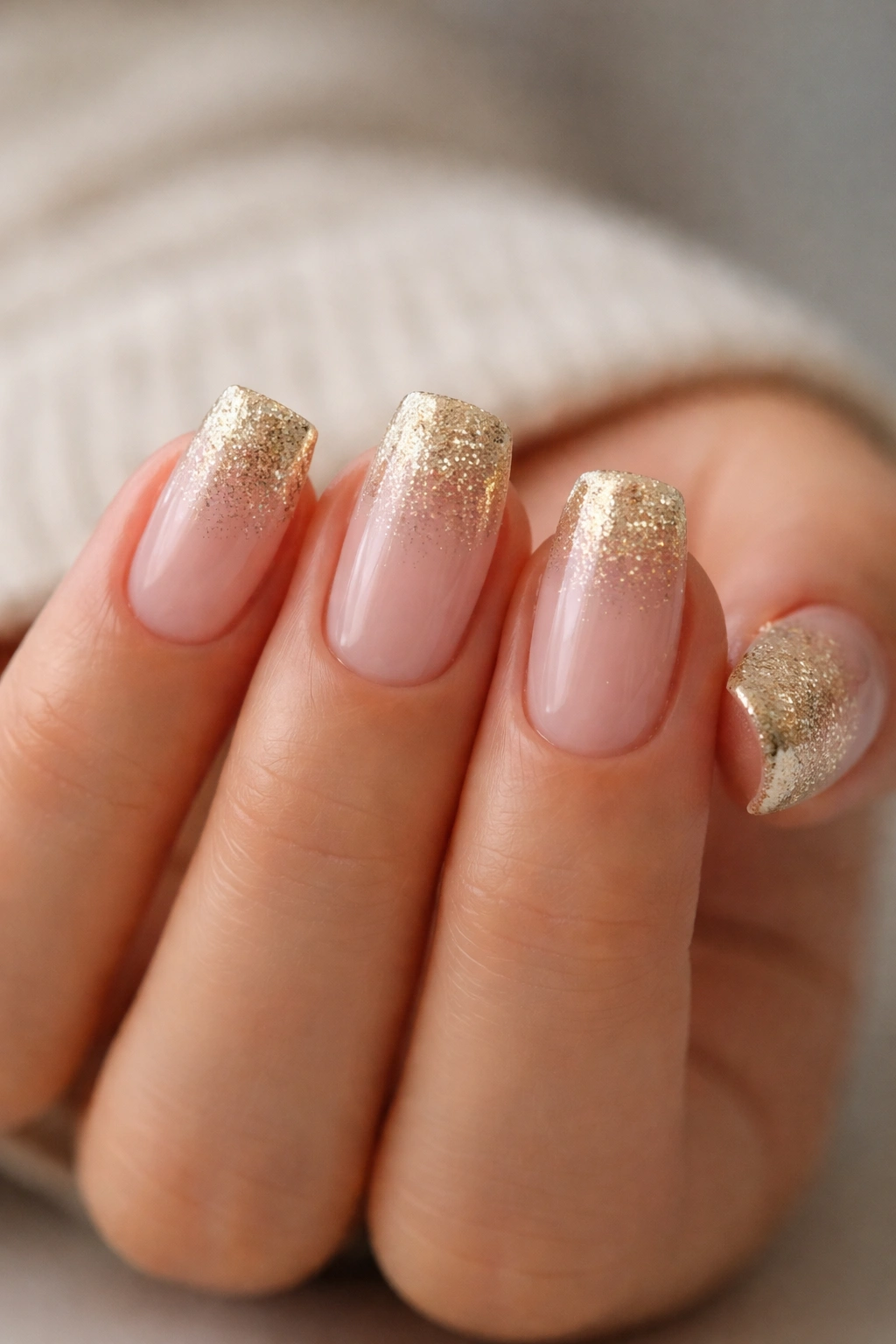 Short coffin nails with champagne glitter dipped French tips