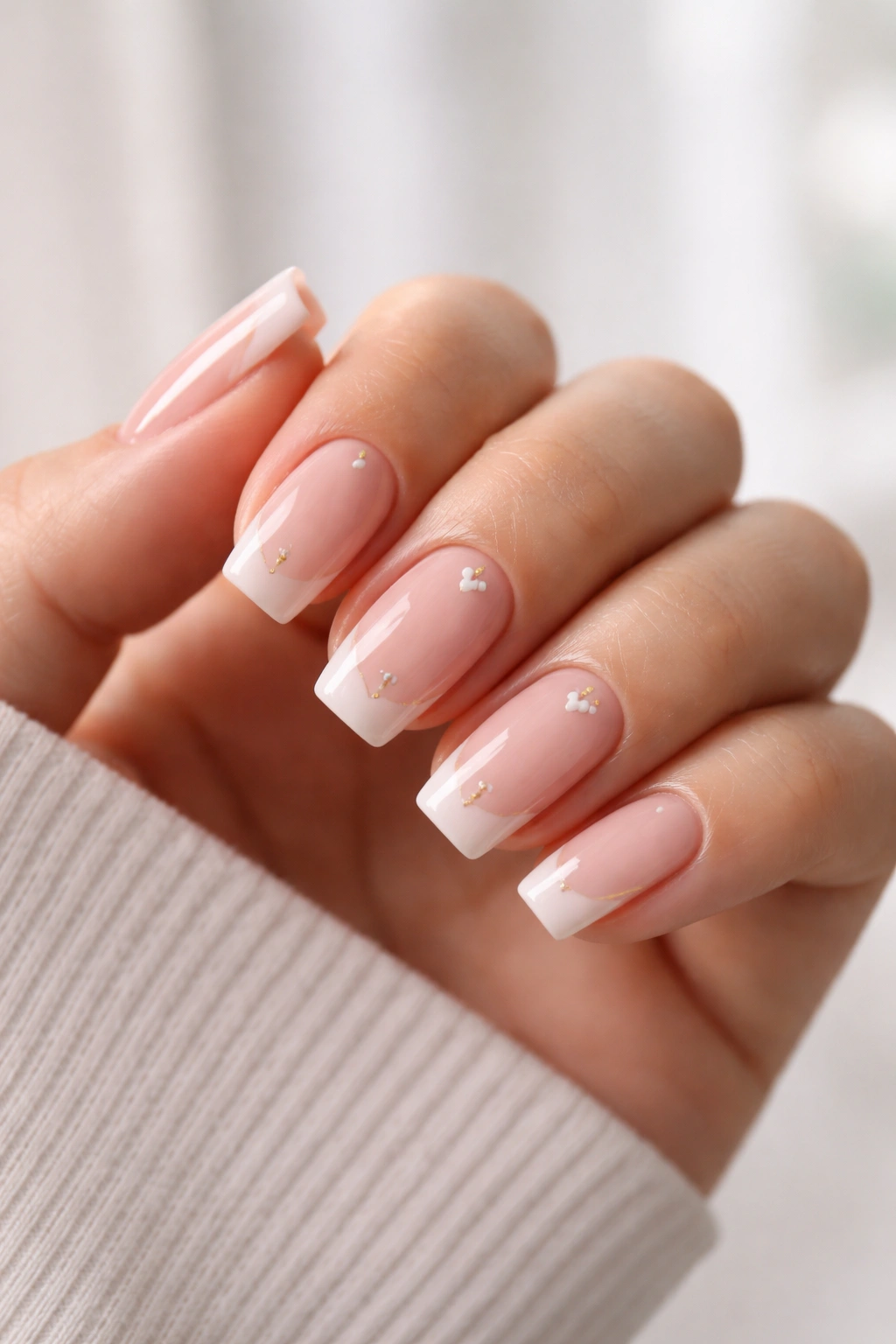 Close-up of a hand with short coffin nails showing crisp flat tips and gentle taper.
