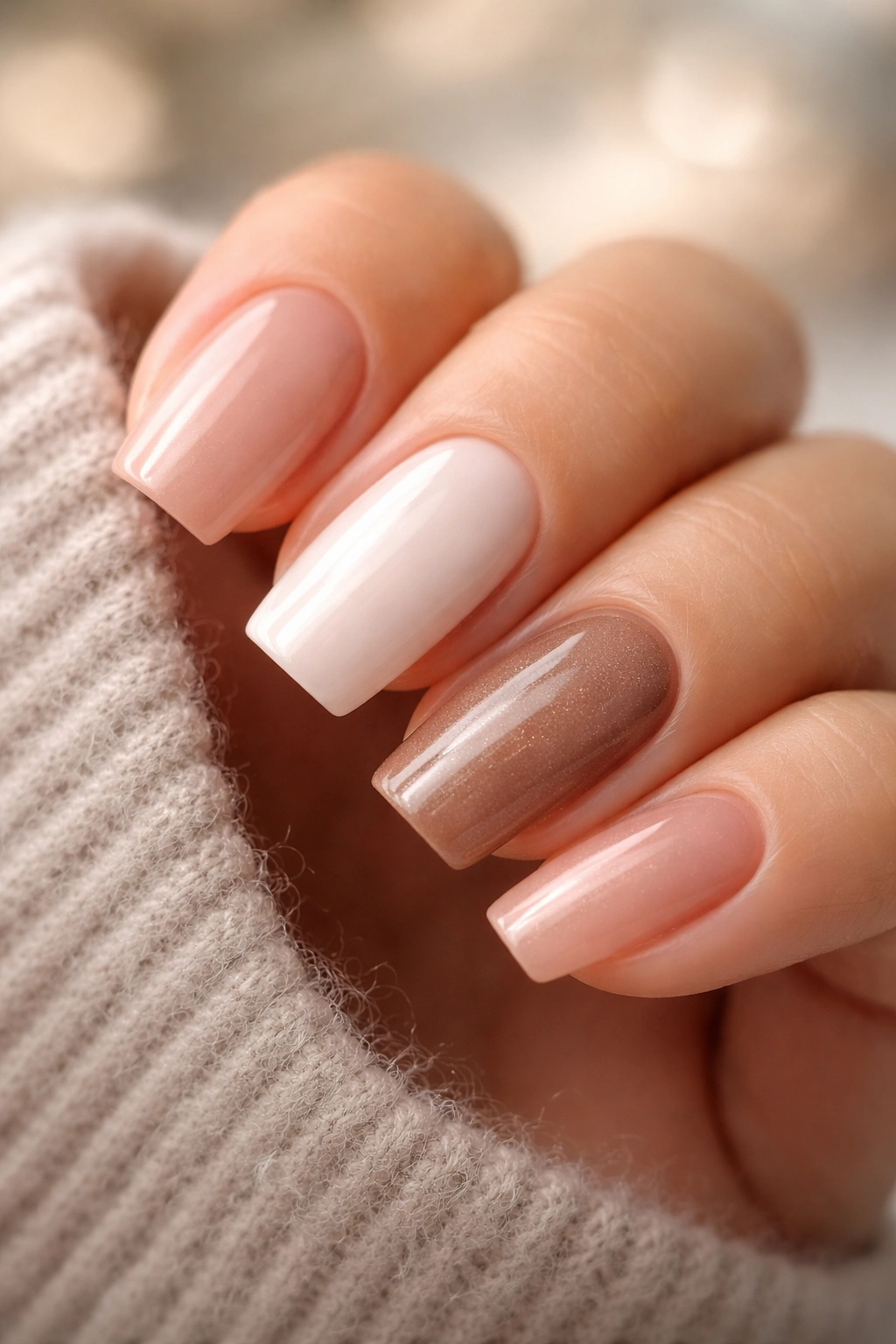 Close-up of short coffin nails in sheer nude, milky white, and mocha finishes
