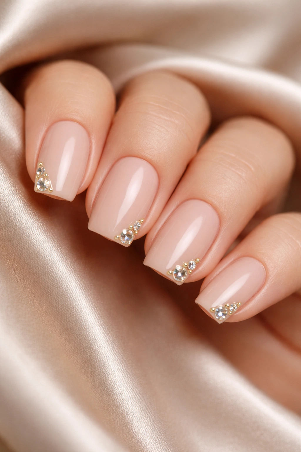 Short coffin nails with geometric corner stones accent