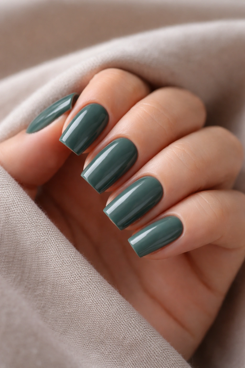 Short coffin nails in dark sage gel with crisp edges and glossy finish