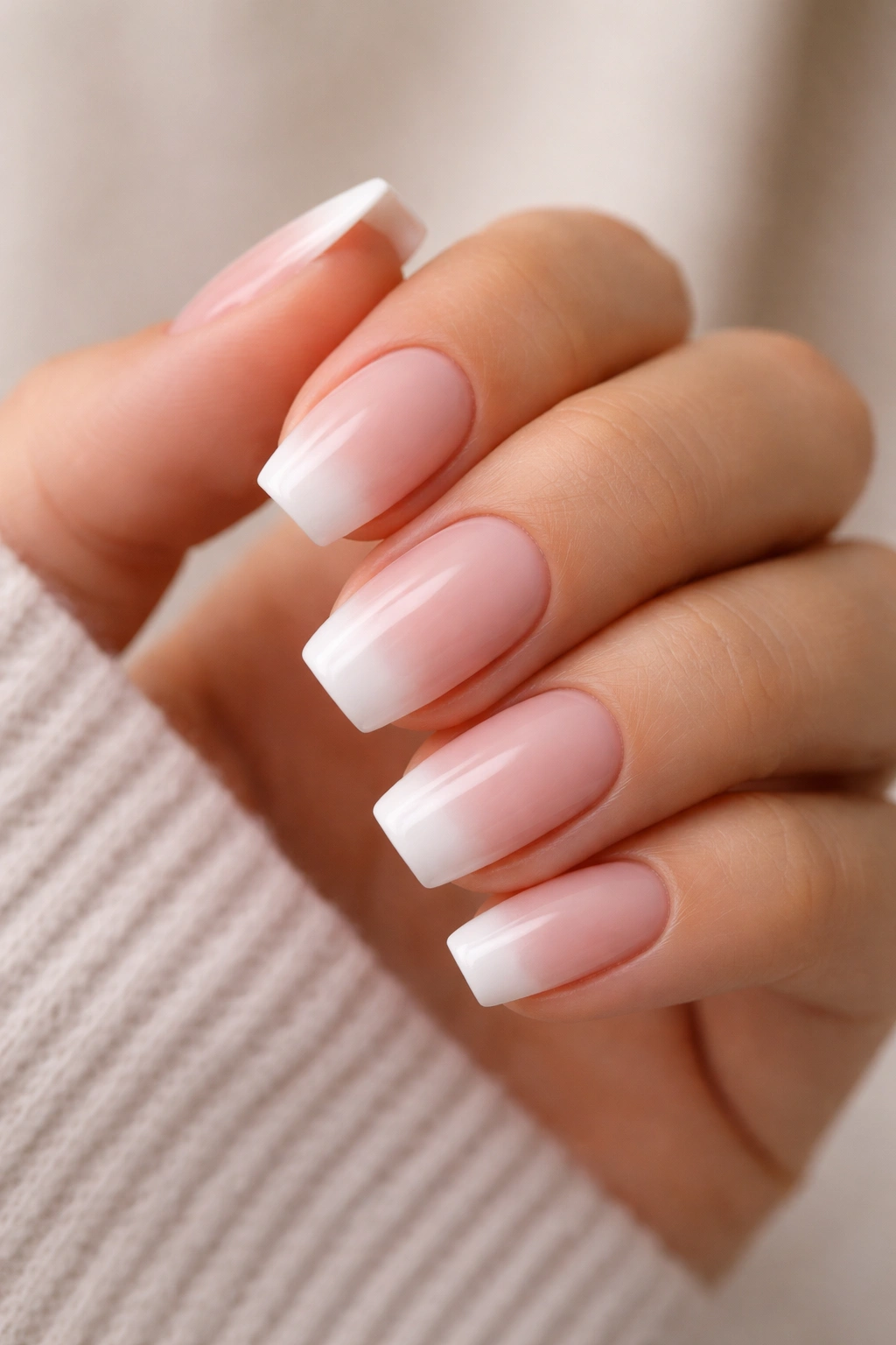 Short coffin nails with nude to white fade and seamless blend