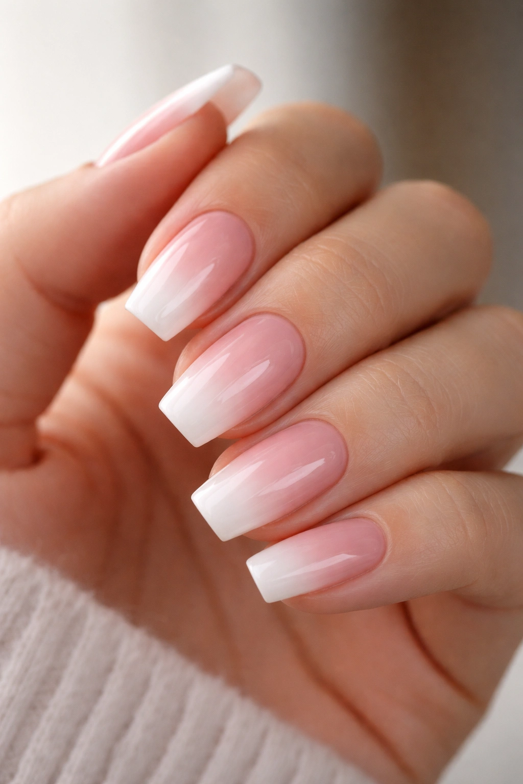 Short coffin nails with blurred white smile line on pink base