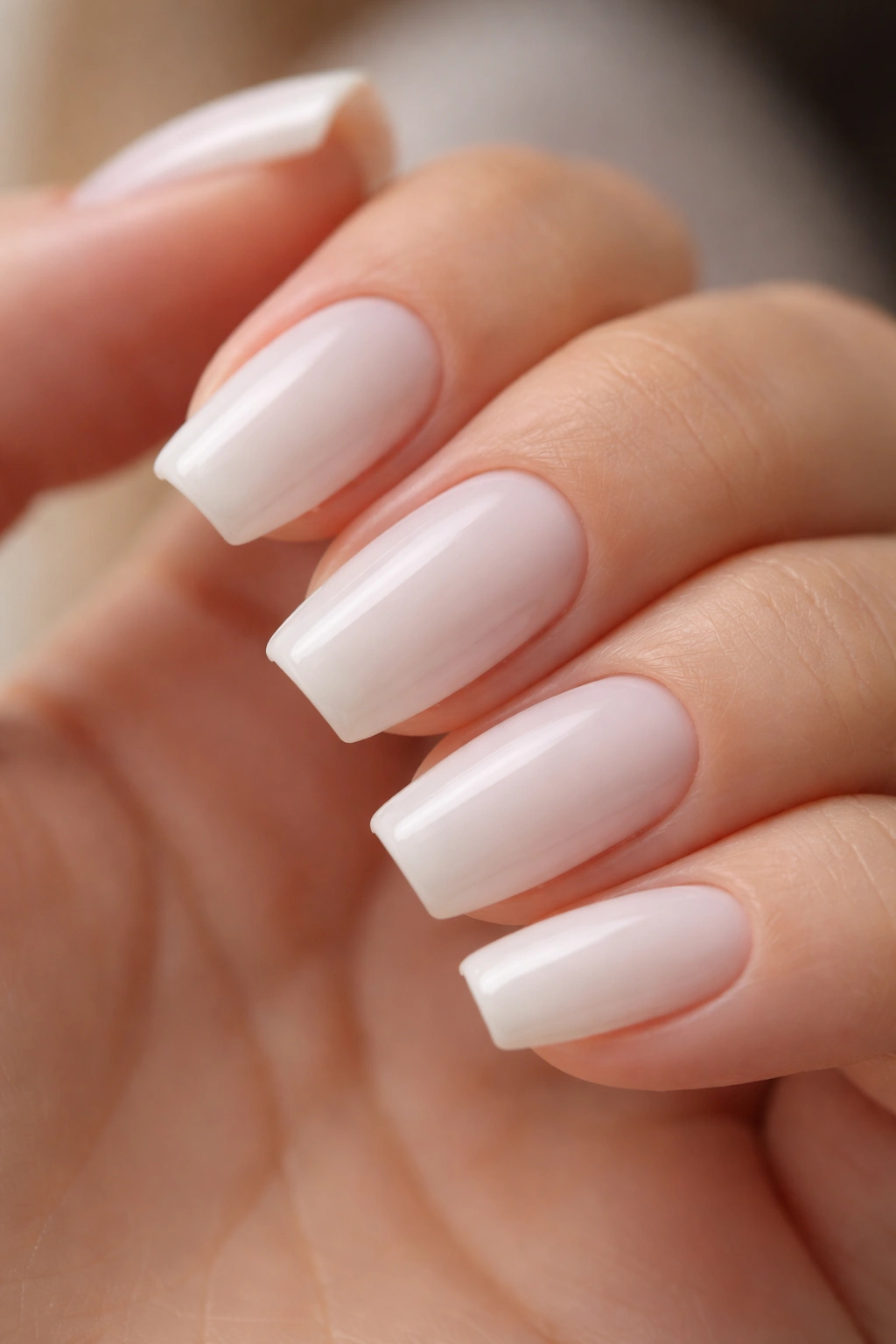 Short milky white coffin nail with soft taper on natural hand