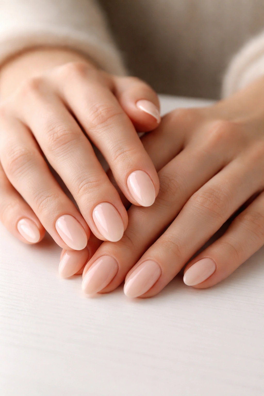 Close-up of short almond nails in nude pink on a clean white surface.