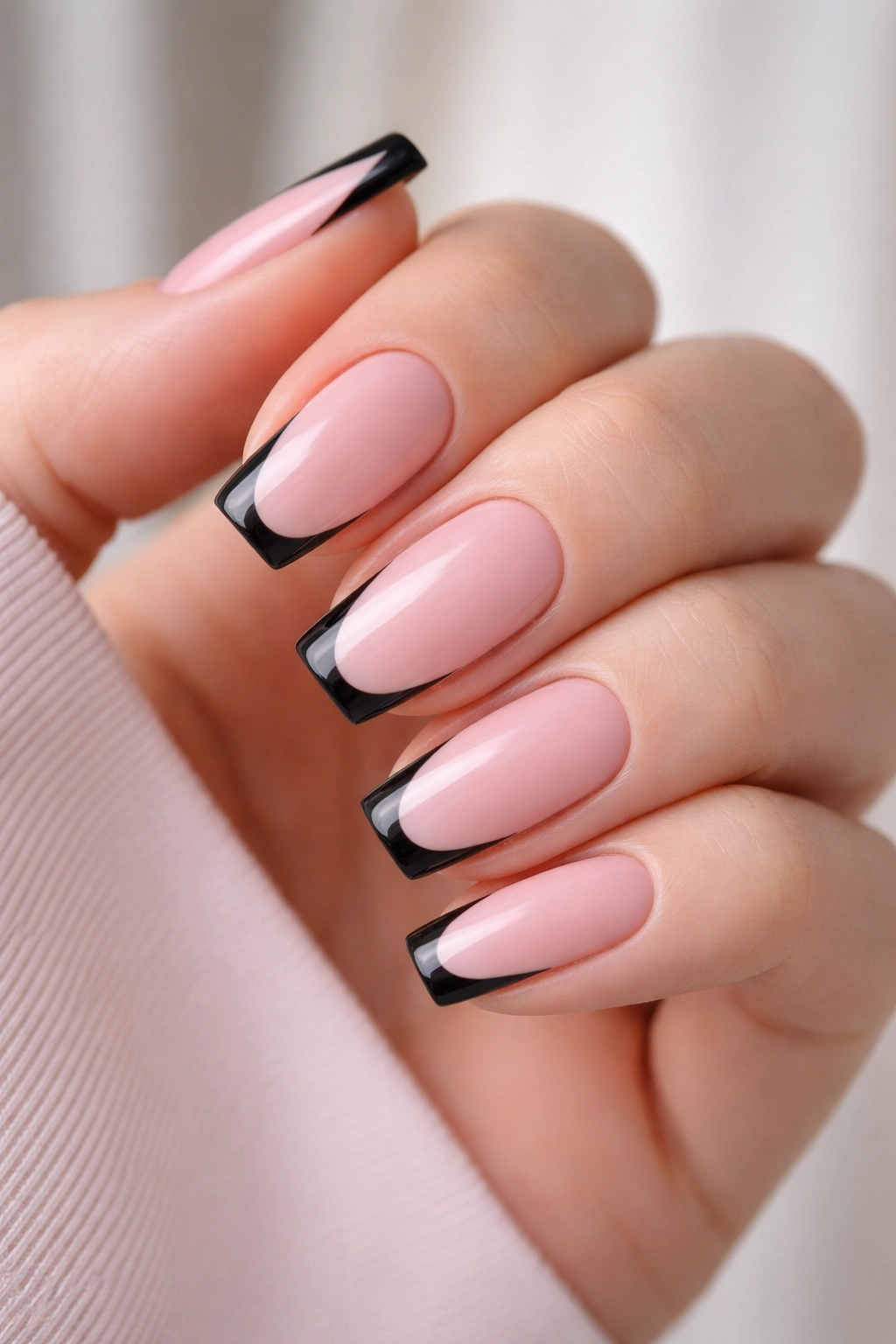 Short coffin nails with pink base and thin black side tips