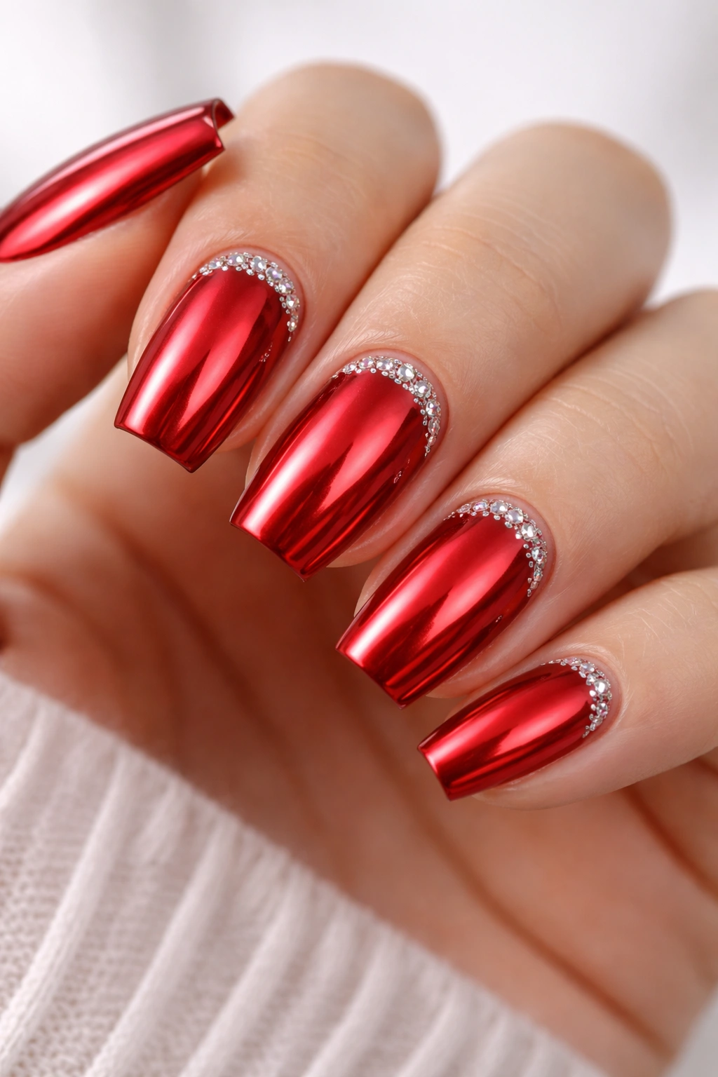 Close-up of short red chrome coffin nails with micro crystal moons