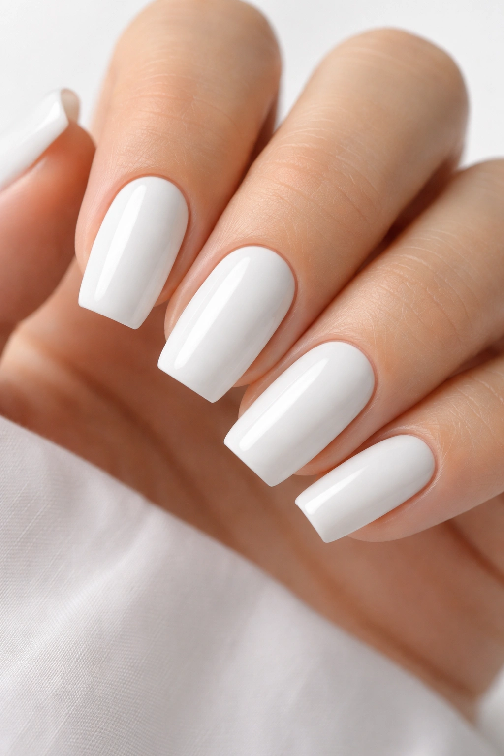 Short white coffin nails with glossy finish