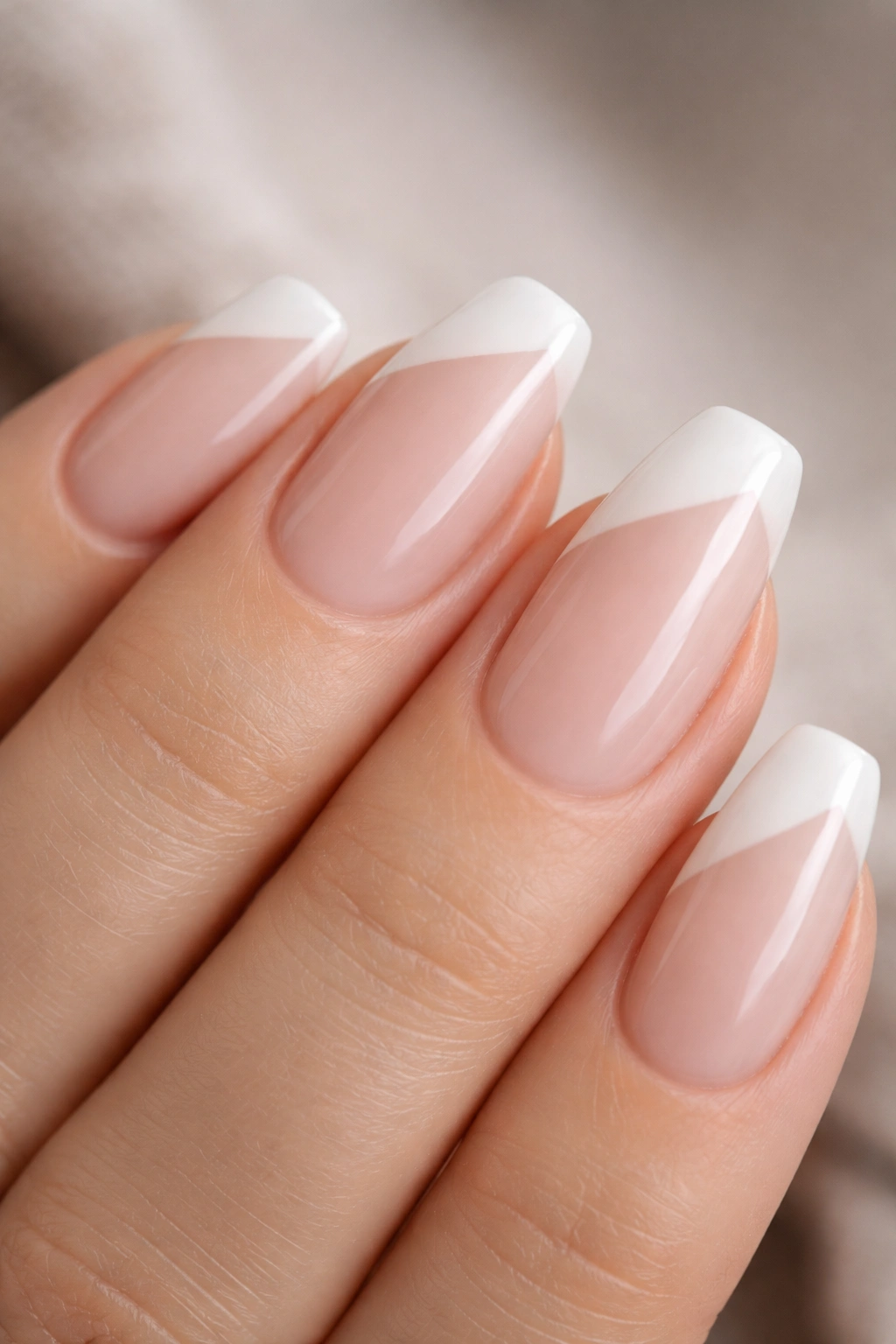 Side-French milky coffin tip on a short nail
