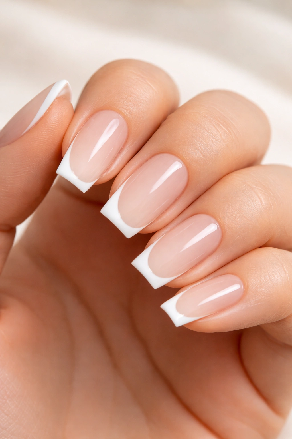 Side French coffin nails with milky base and white side line on short nails