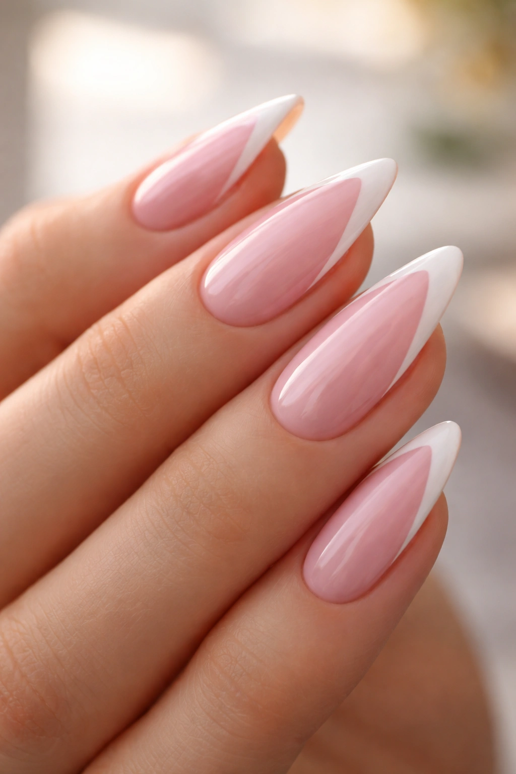 Almond nails with diagonal side French pink design