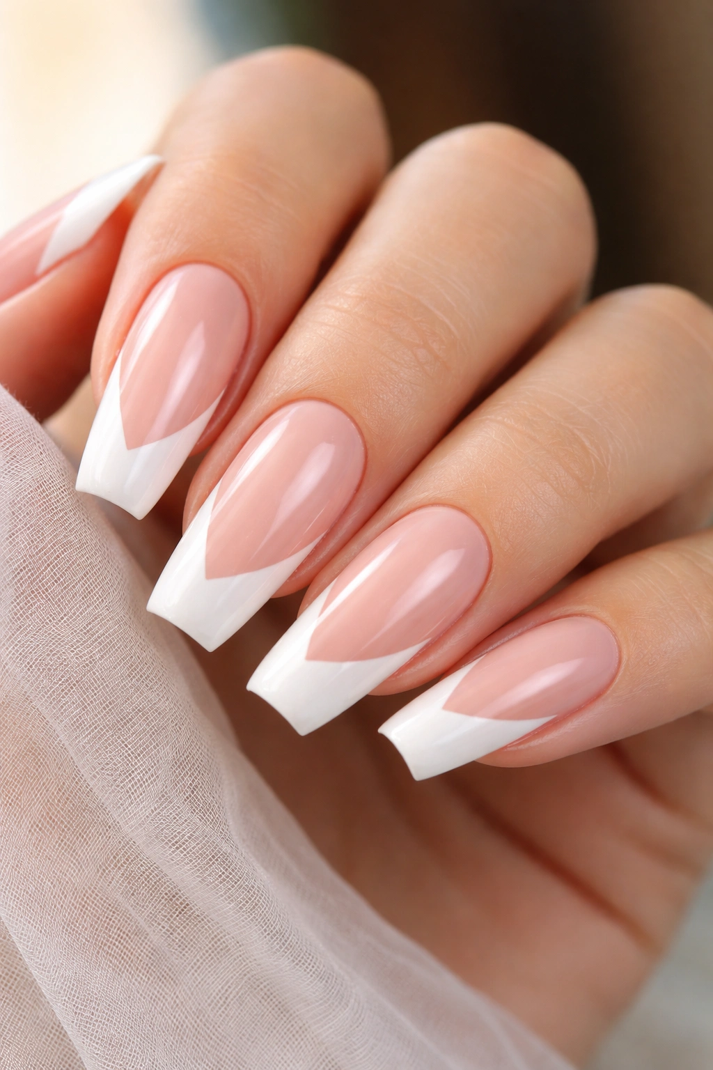 Close-up of side-swept diagonal French tips on medium coffin nails.
