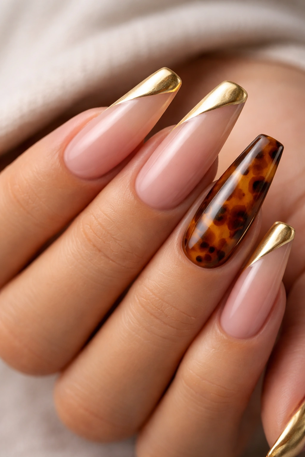 Side-swept gold tips coffin nails with tortoiseshell accents