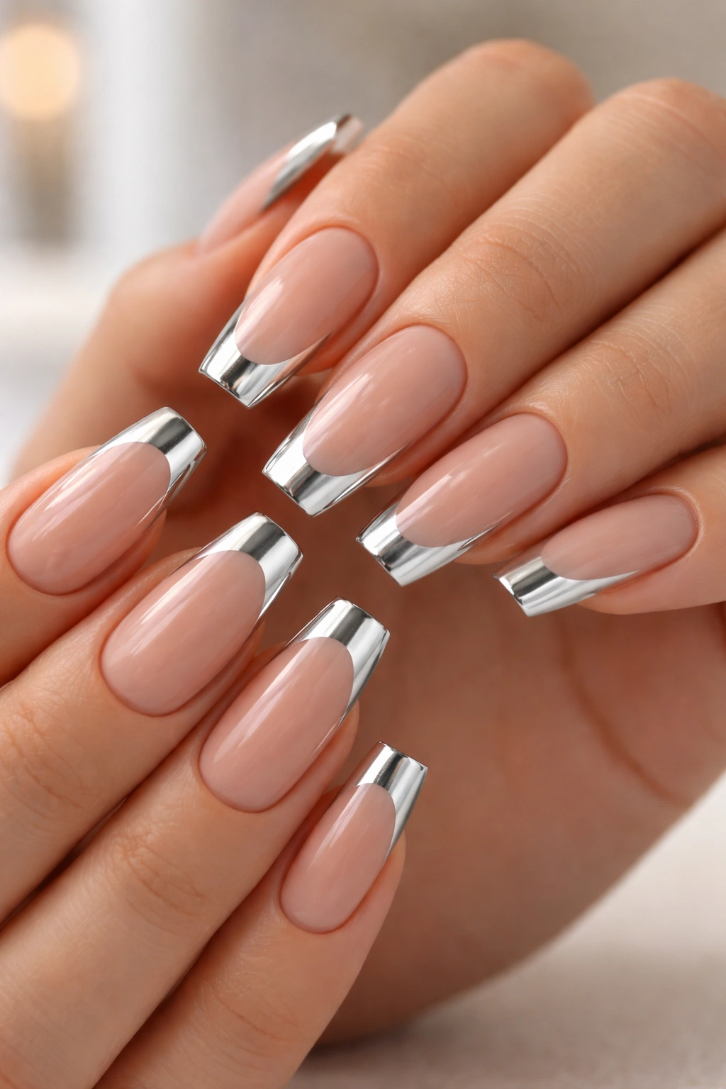 Silver chrome French tips on nude coffin nails with a crisp edge