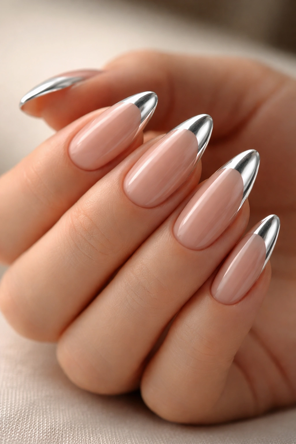 Almond nails with silver chrome tips on a sheer nude base