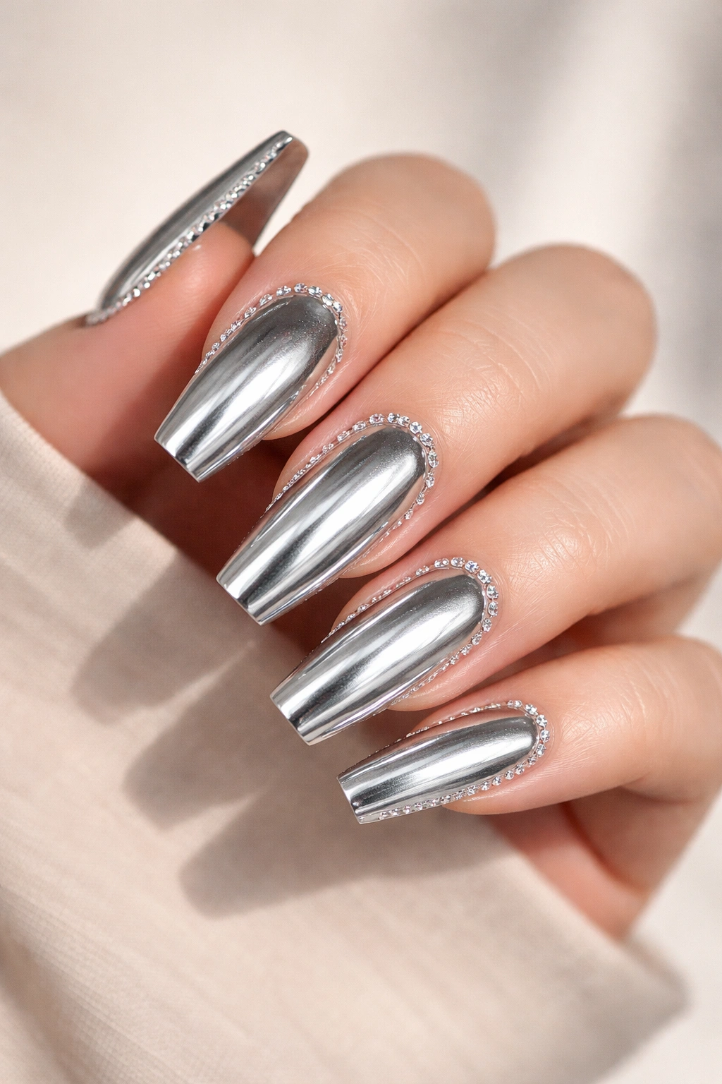 Silver chrome coffin nails with a delicate crystal frame along the cuticle