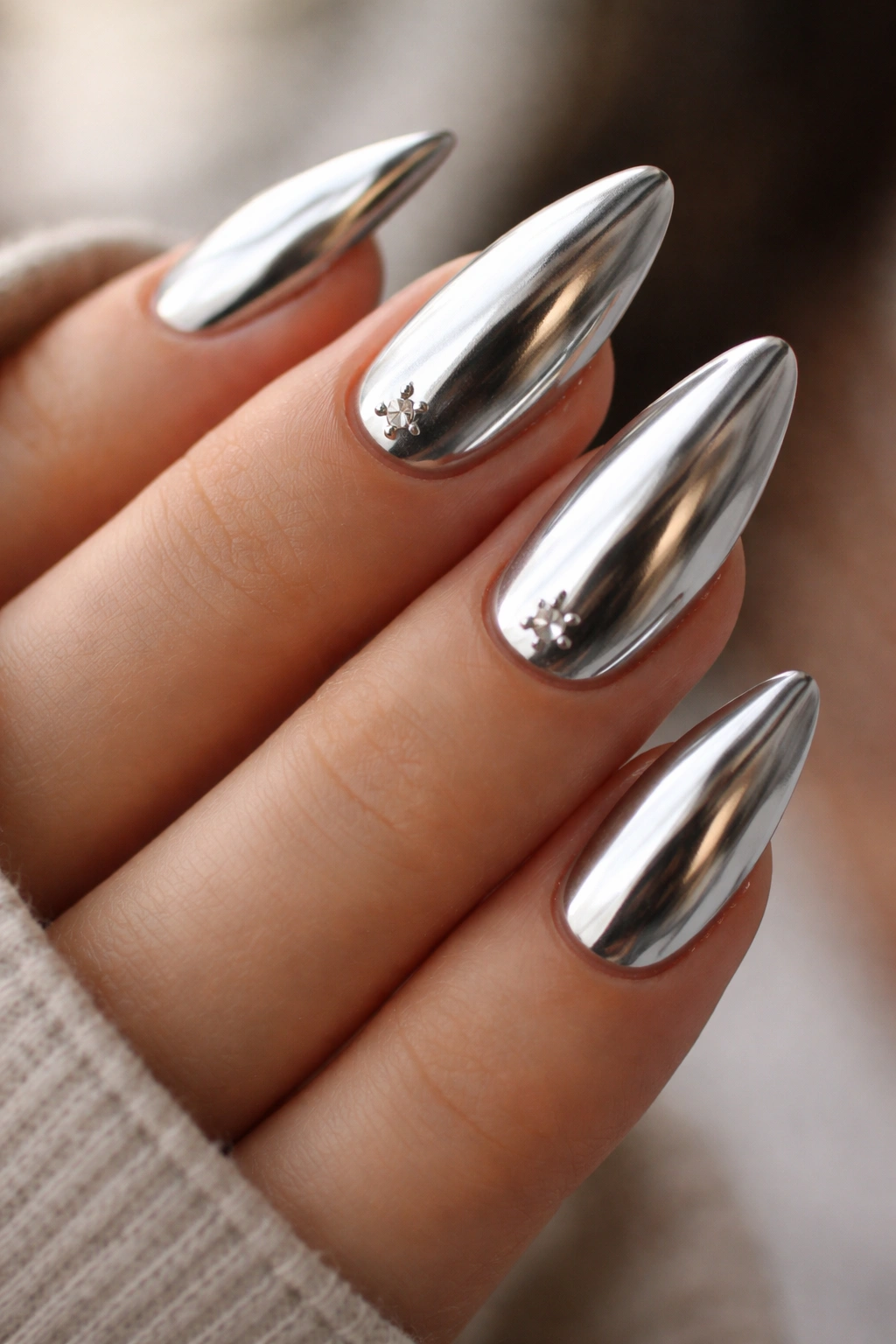 Almond nails with silver chrome finish and star studs