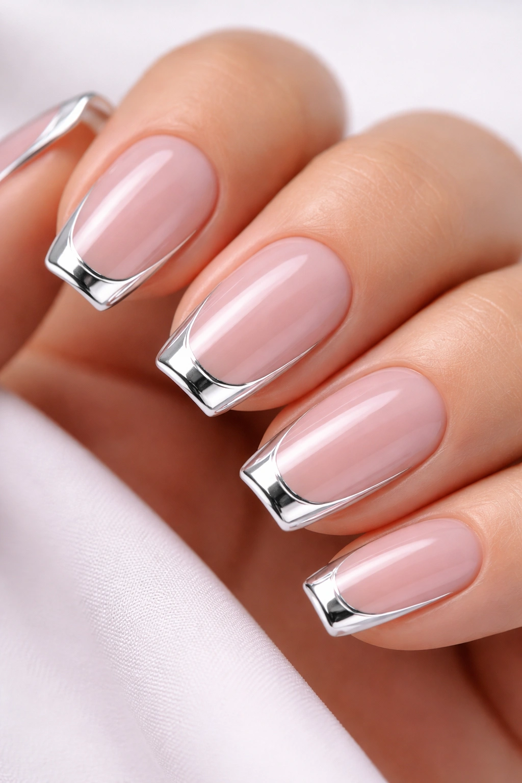 Close-up of silver chrome outlines on clear pink base nails