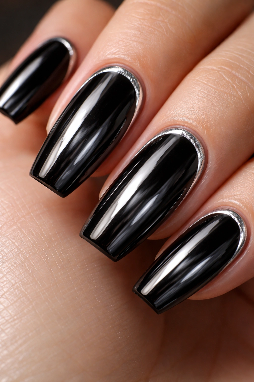 Thin silver cuticle lining on black chrome coffin nail