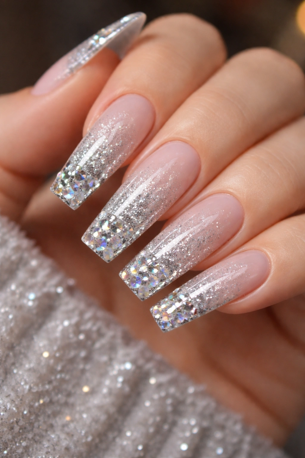 Silver glitter coffin nails with AB stones at tip