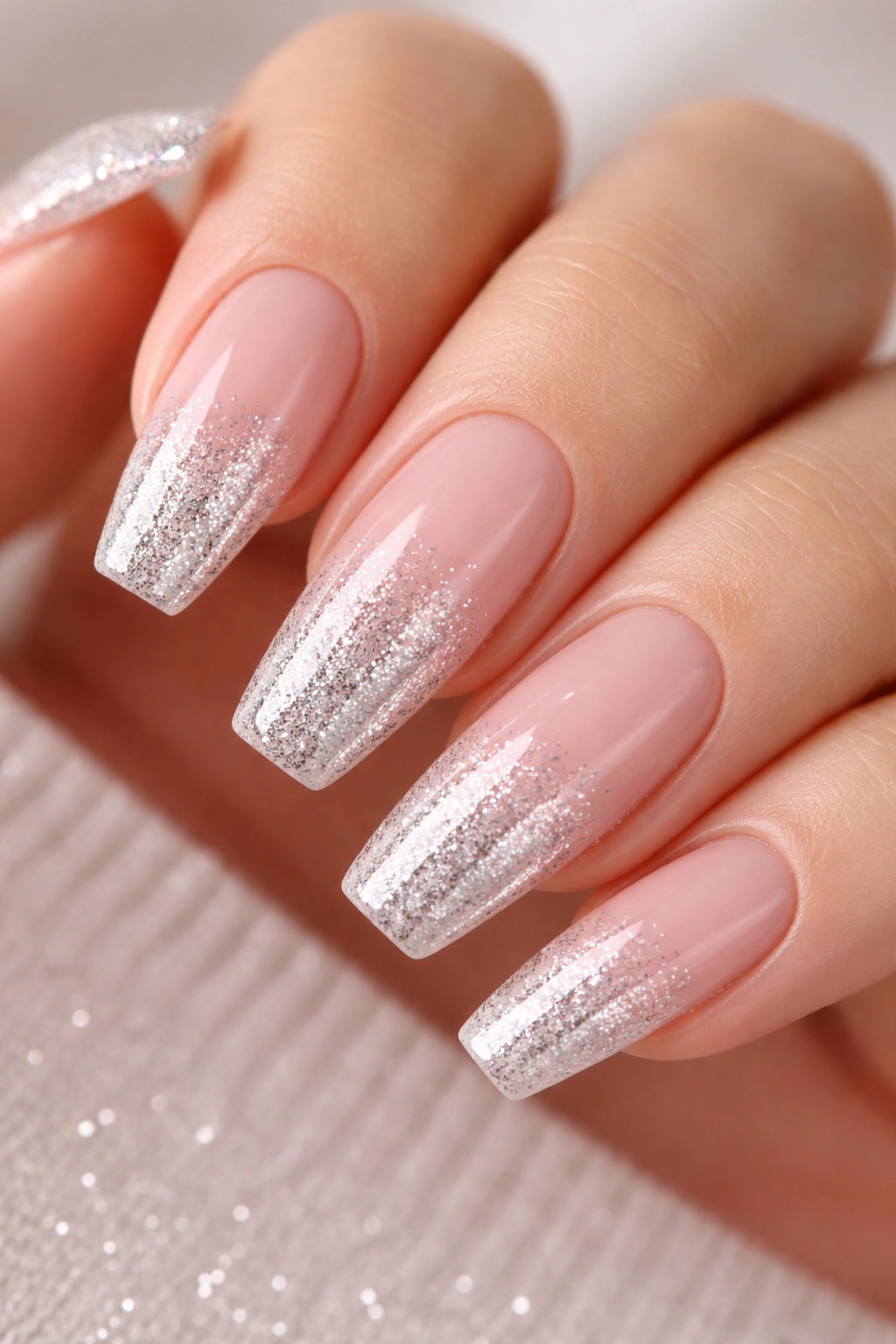 Medium coffin nails with silver glitter gradient on soft pink base