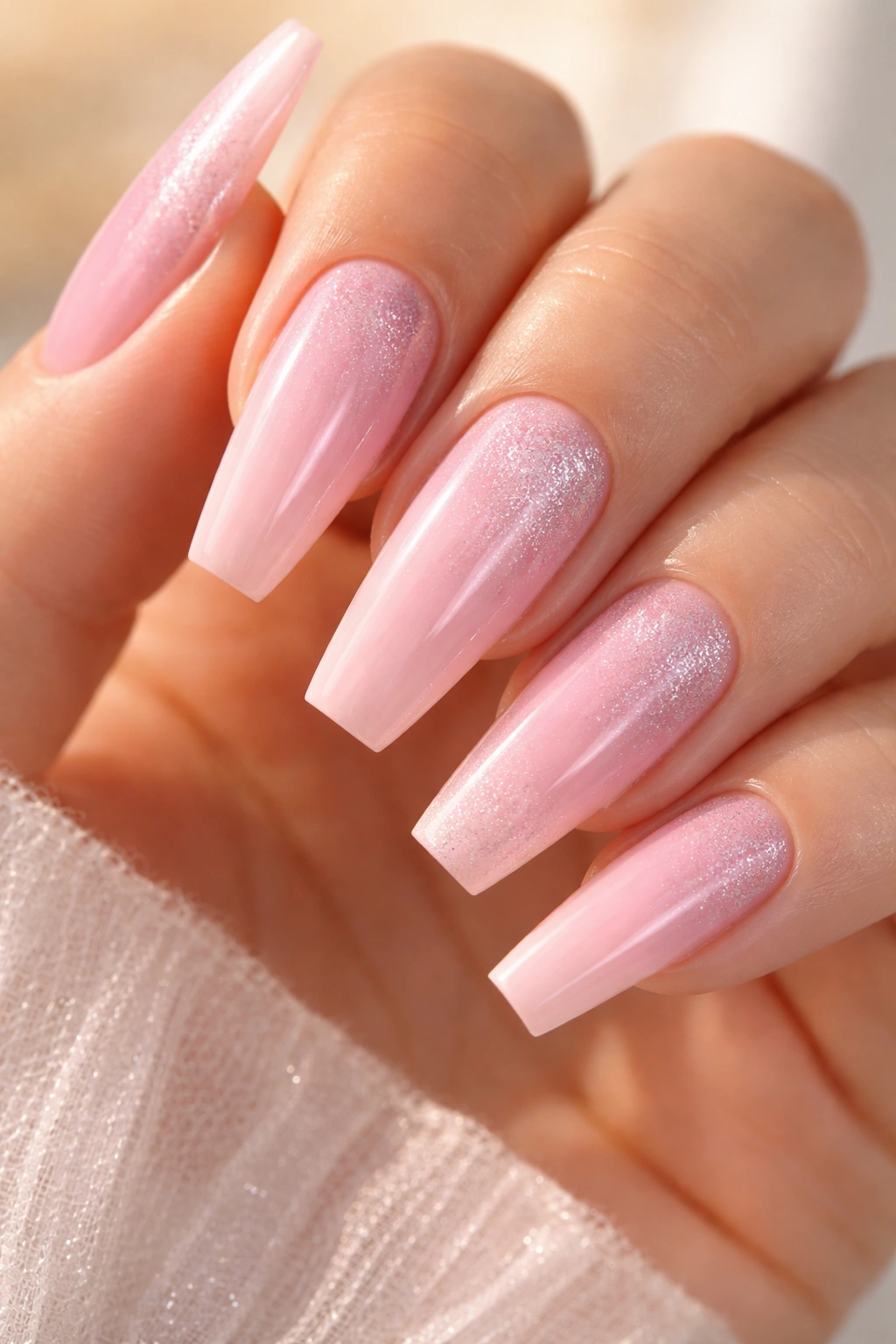 Close-up of baby pink nails with a fine silver shimmer veil