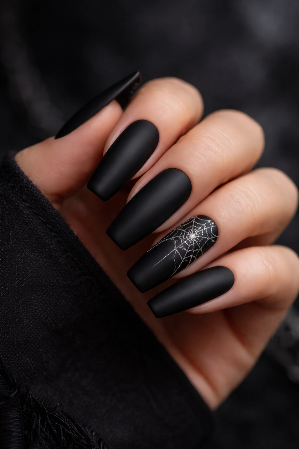 Coffin nails with a silver spiderweb accent on the ring finger against dark backdrop