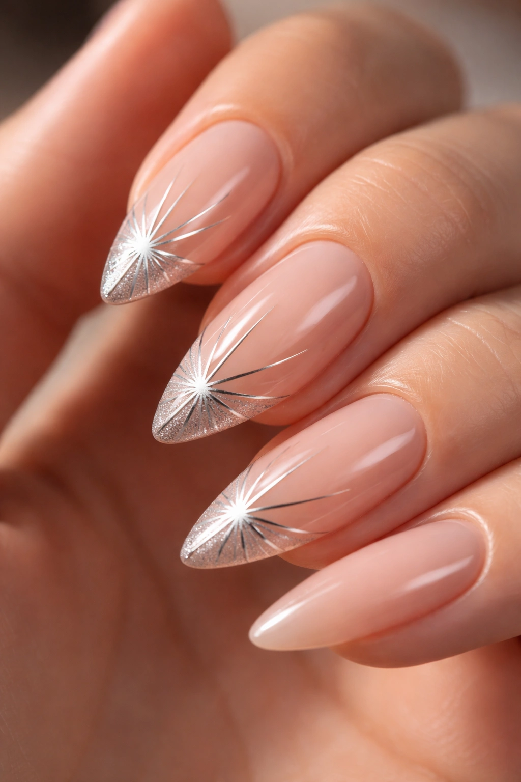 Almond nails with silver starburst tips on nude base.