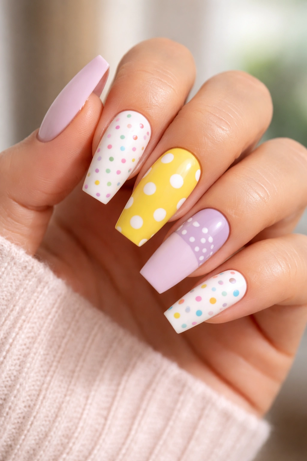 Close-up of a hand with coffin nails displaying varied polka dot patterns on each finger