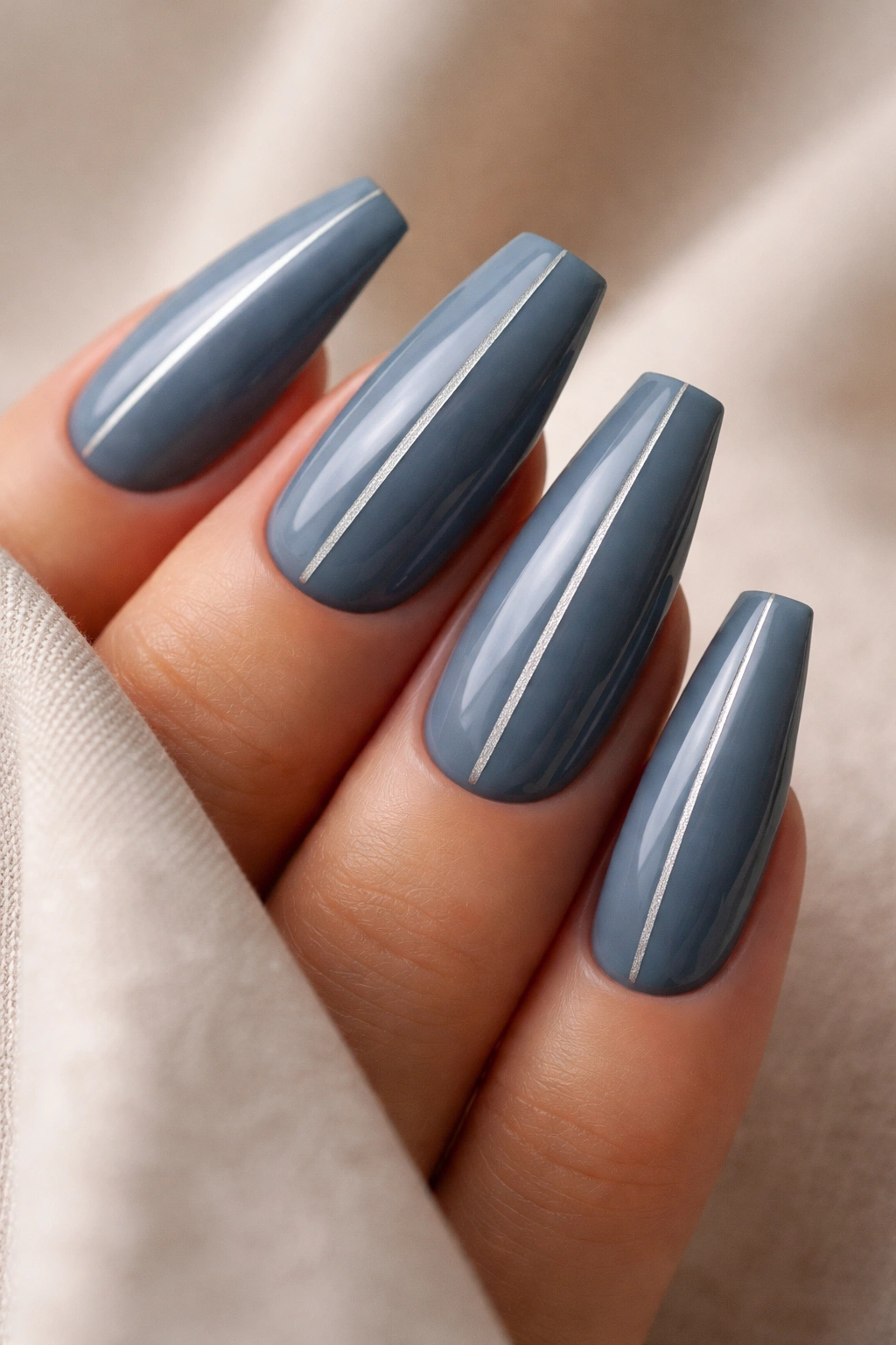 Coffin nails smoky slate blue with a thin silver stripe