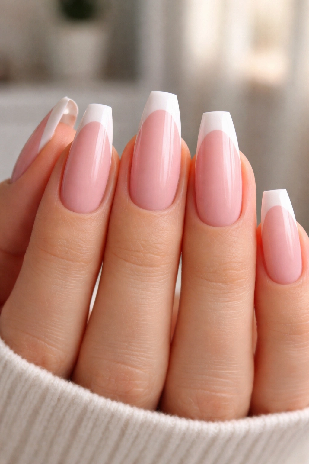 Close-up of slim sidewalls and refined tip on ballerina nails from front view